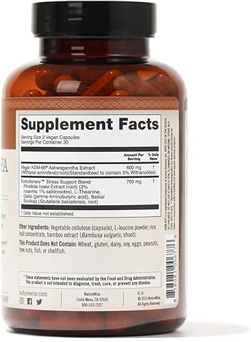 Miniatura 3 de NatureWise Ashwagandha para el estrés - Con extracto de Ashwagandha KSM-66 + GABA + L-teanina + Rhodiola Rosea - Suplemento de apoyo a base de