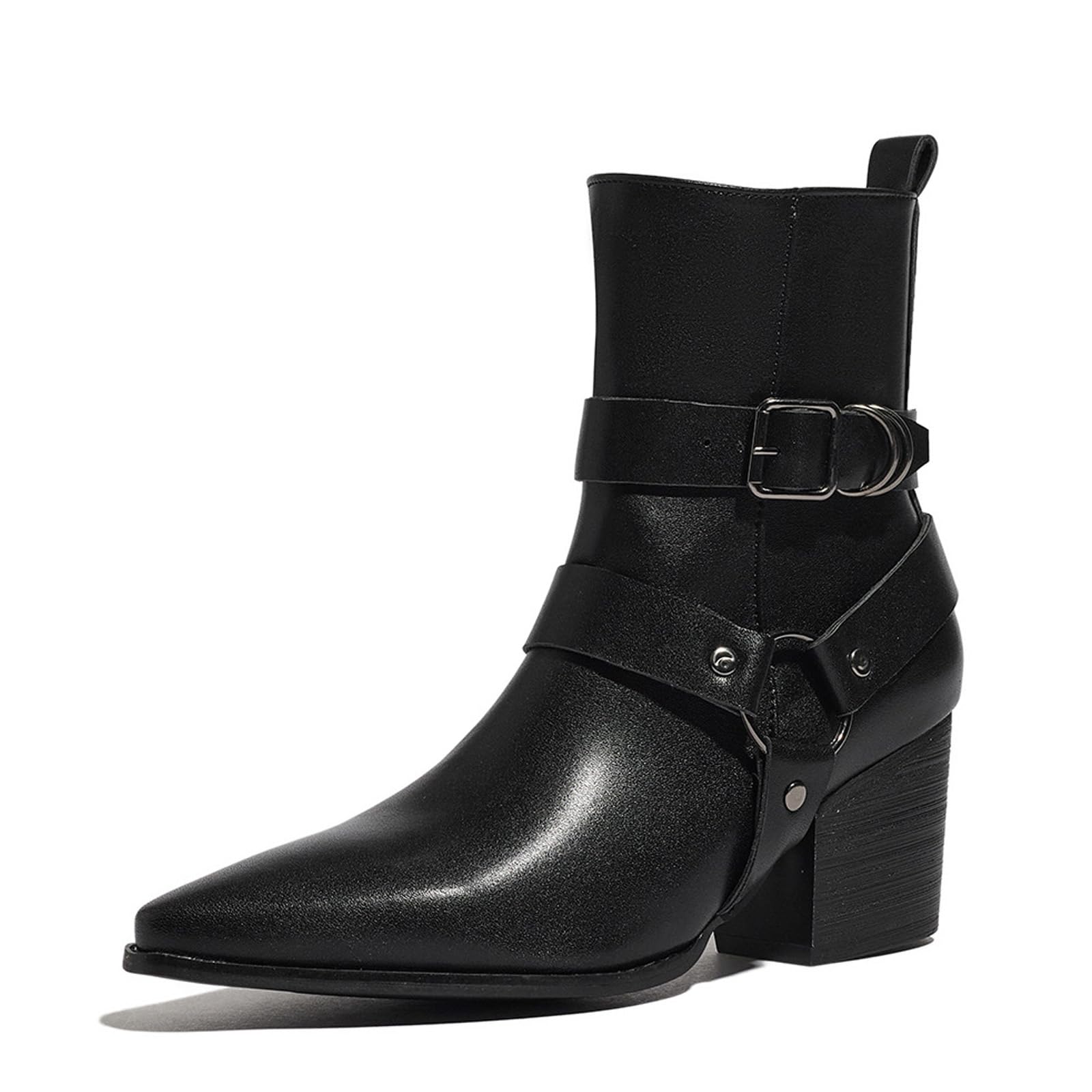Womens Leather Chunky Heel Dress Chelsea Boots with Belt Buckle Fashion Classic closed Toe Side Zipper Block High
