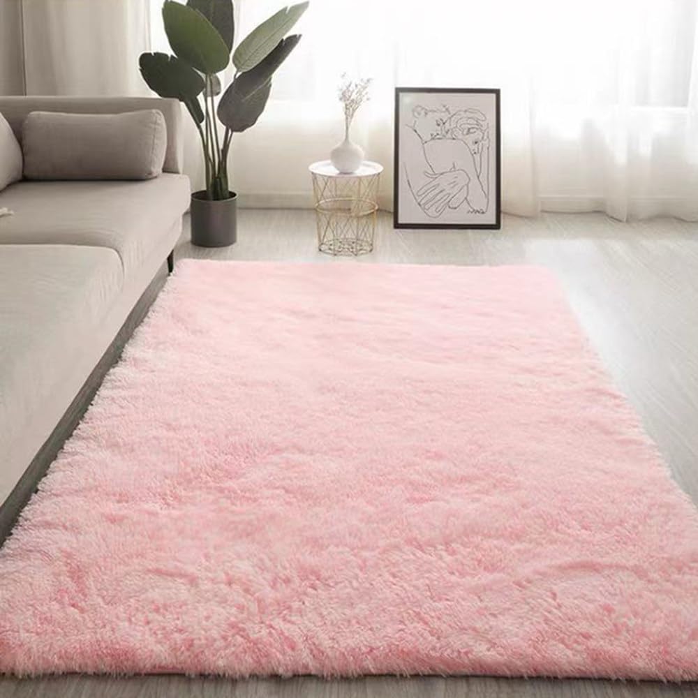 Grand tapis de salon en fourrure rose lavable et antidérapant