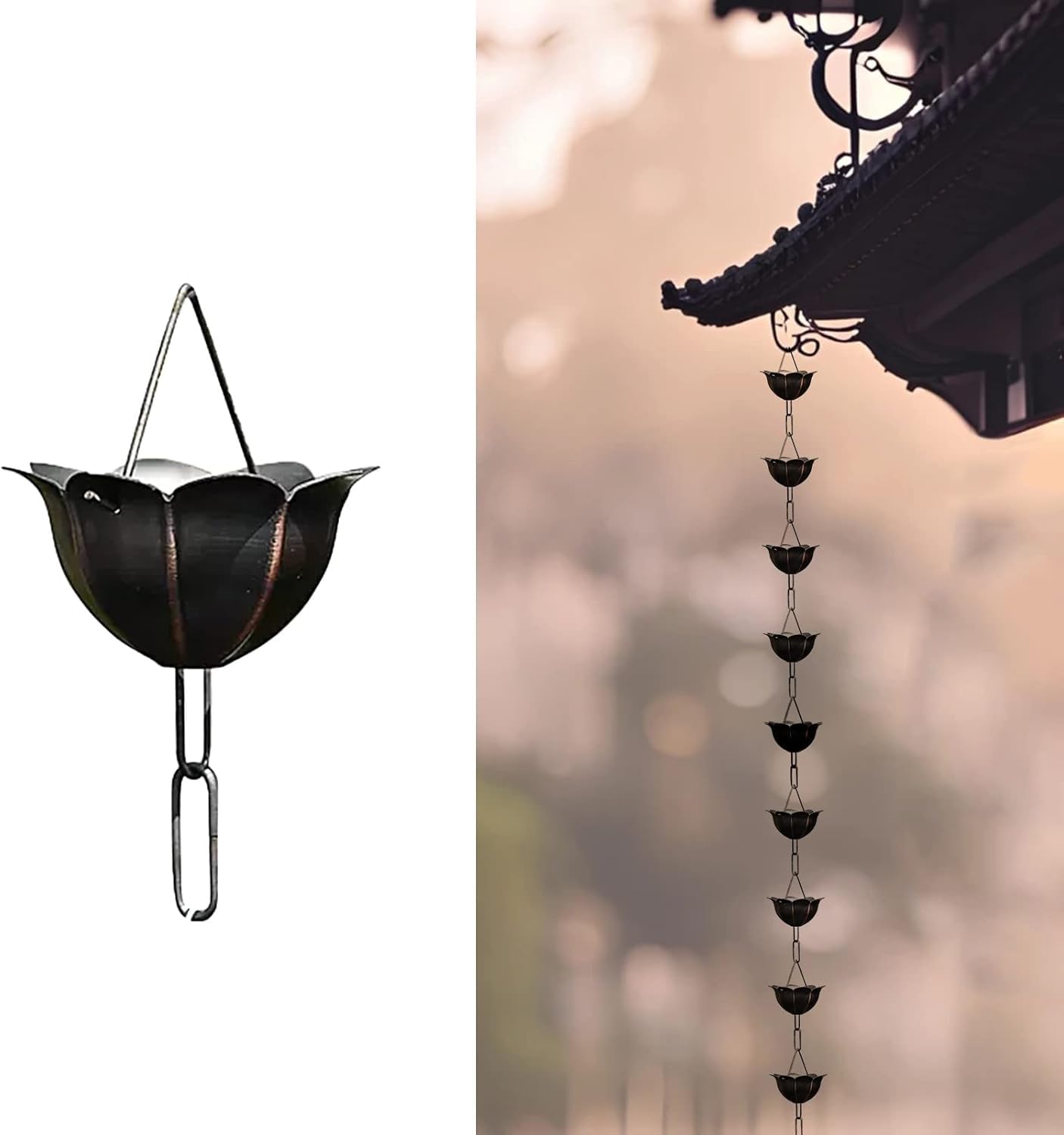 WOTZOV Rain Chain For Gutters Downspouts, Garden Yard Homestay Outdoor Decor Rain Catcher Chain, Lotus Rainwater Diverter Rain Chain, Customized Length，260cm (8.5ft)