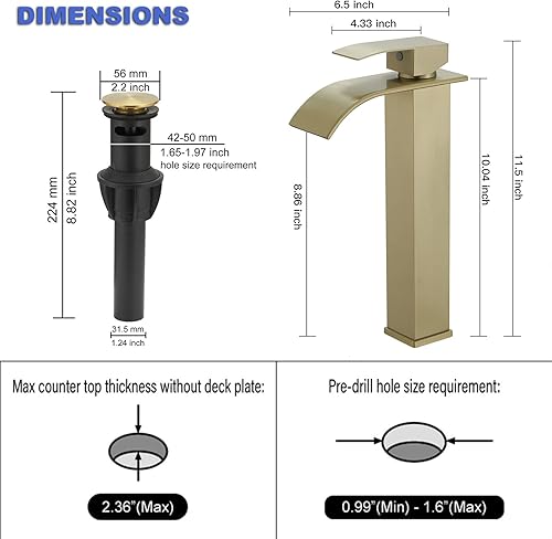 Miniatura 6 de Grifo de lavabo para lavabo, grifo de cascada dorado cepillado para lavabo de baño, mango único, un agujero, montaje en cubierta, grifo de fregadero