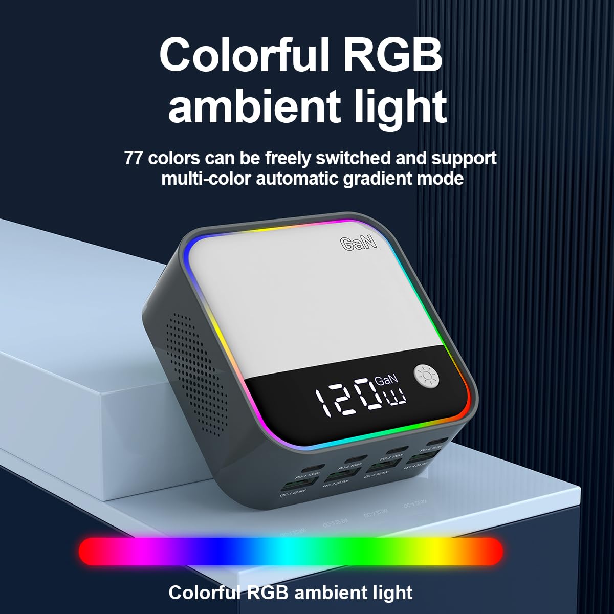 120W Chargeur rapide, station de charge USB C GaN à 8 ports avec port de charge rapide PD3.0 et QC3.0 de 100W et affichage numérique intelligent
