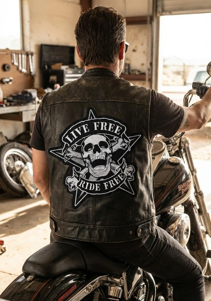 Large Biker Patch Live Free Ride Free, 8x9 Inch Embroidered Iron On Applique for Vest Jacket Back, Motorcycle MC Club Rocker