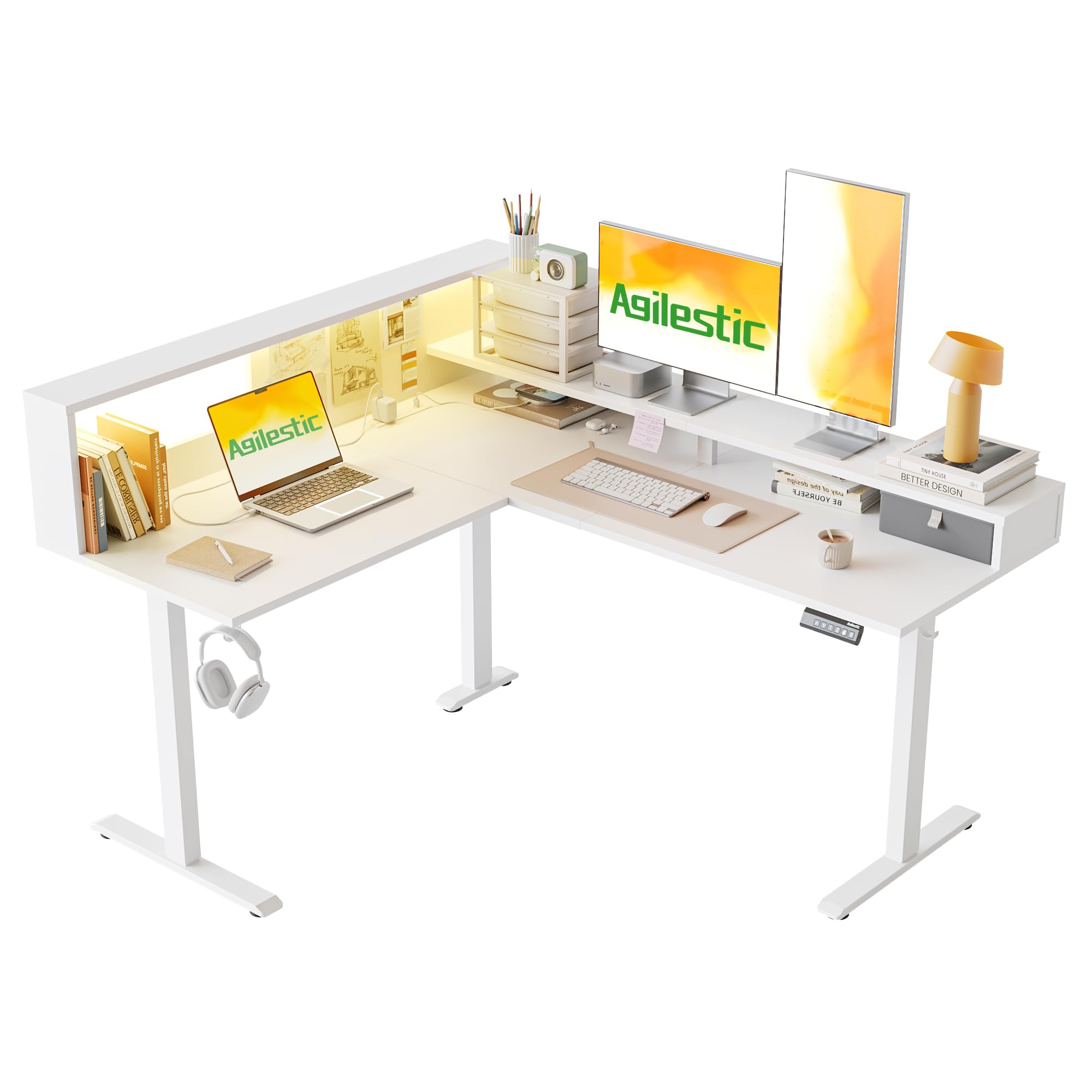 Agilestic Höhenverstellbarer L-förmiger Schreibtisch 160 x 140 cm – Ergonomischer Eck-Stehschreibtisch mit Regalen & LED-Beleuchtung, Moderner Sitz-Steh-Computertisch für Büro & Home Office, Weiß