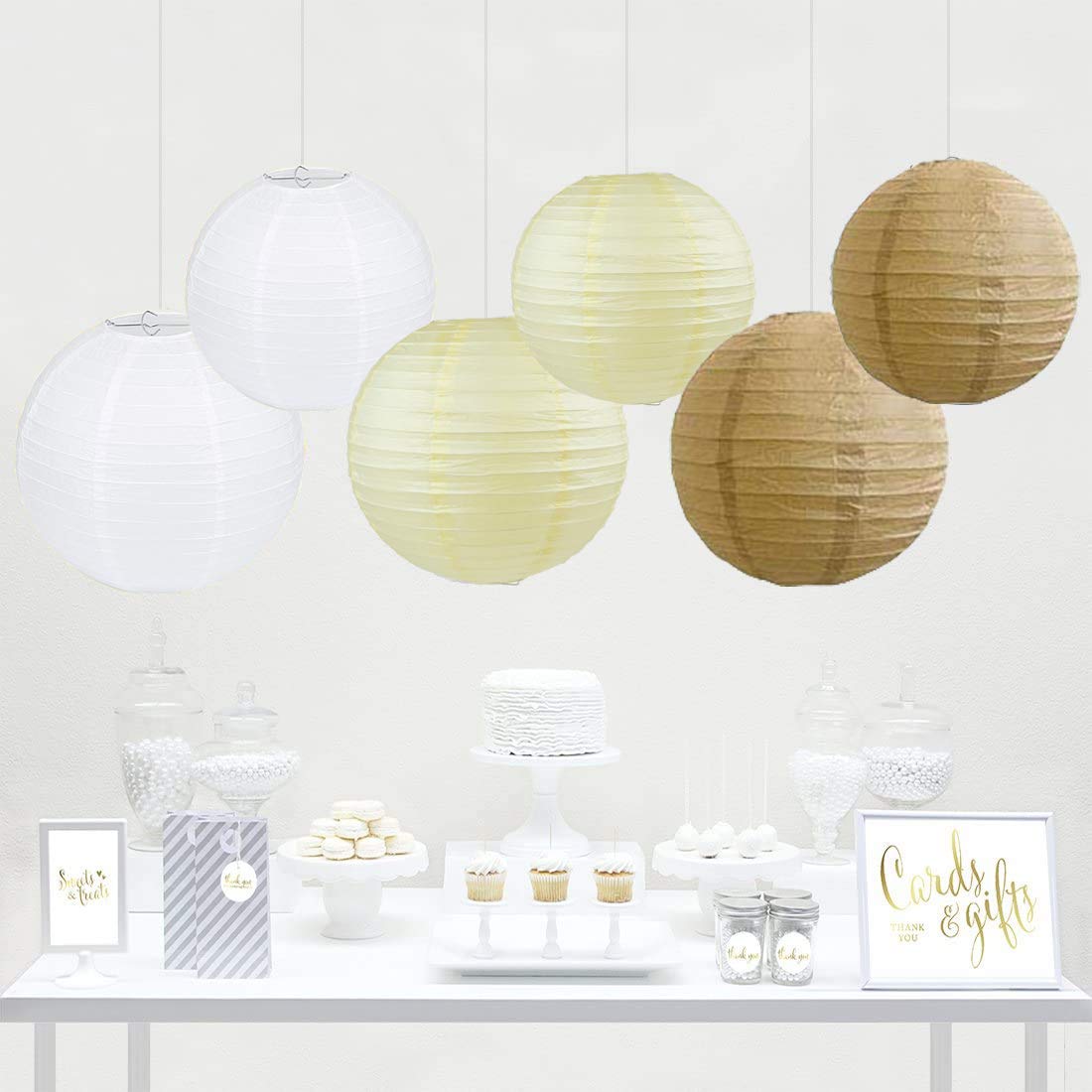 6-Pack Hanging Paper Lantern Party Decor Trio Kit Mixed Cream Tan Brown White Party Tissue Paper Lanterns Rustic Wedding Vintage Baby Shower Birthday Nursery Hanging Decoration