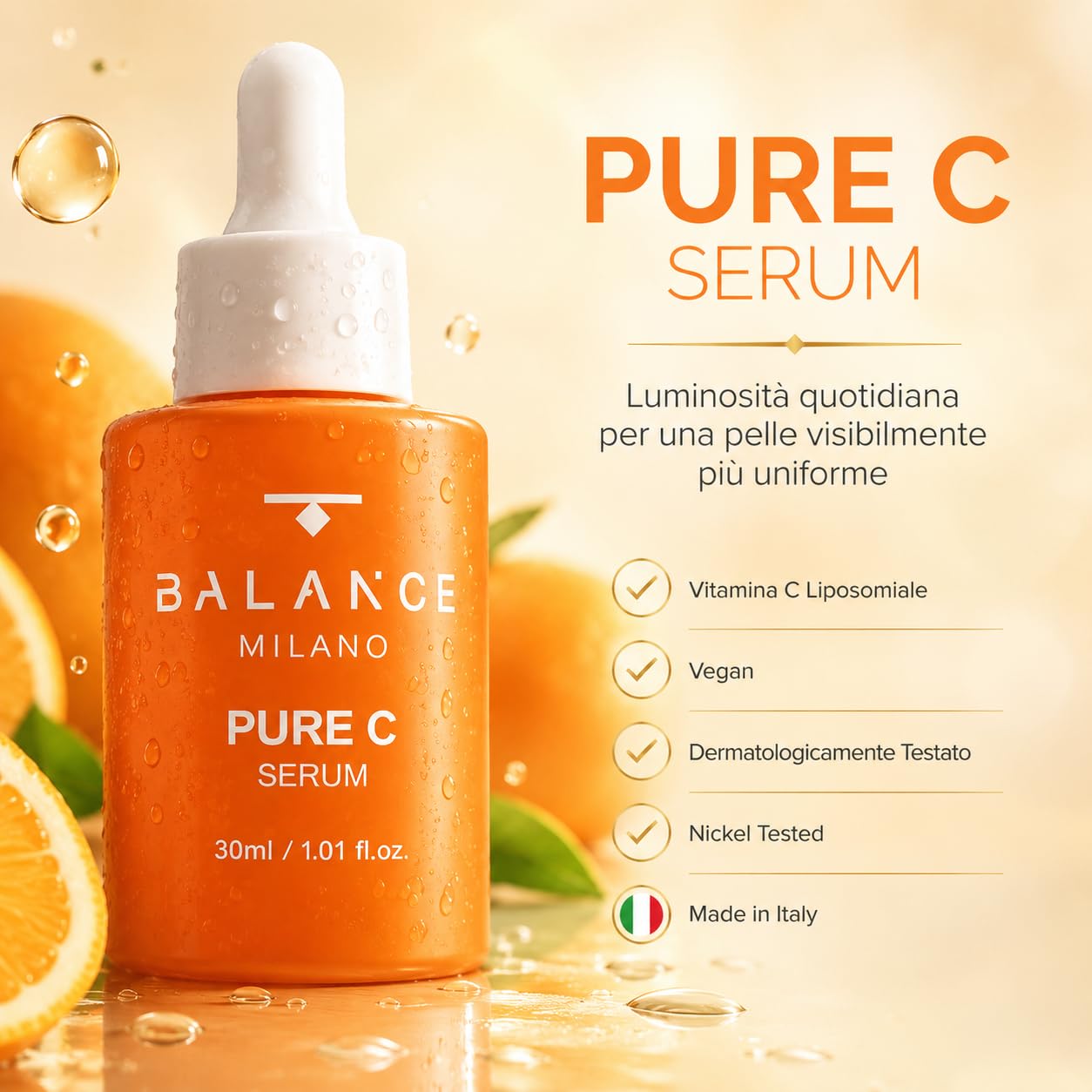 Siero Vitamina C Viso, Acido Ialuronico e Limone - Made in Italy - 30ml | Siero Illuminante Viso - Antiossidante e Anti-Macchia - Texture Fresca Rapido Assorbimento - Skin Care BALANCE MILANO