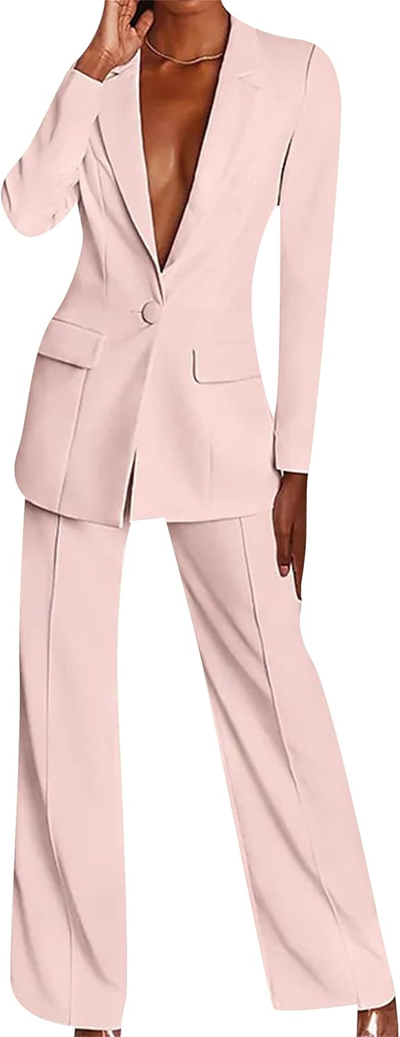 Womens Business Blazer Pants Set Dressy Sexy Professional Suits Wide Leg Pants Office 2 Piece Outfits