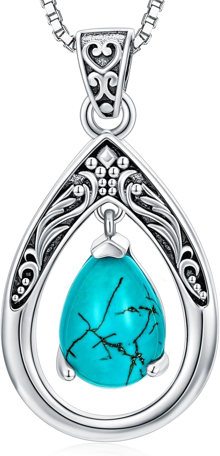 Genuine Turquoise Teardrop Pendant Necklace, Sterling Silver Vintage Native American Jewelry Birthdays Gift for Women