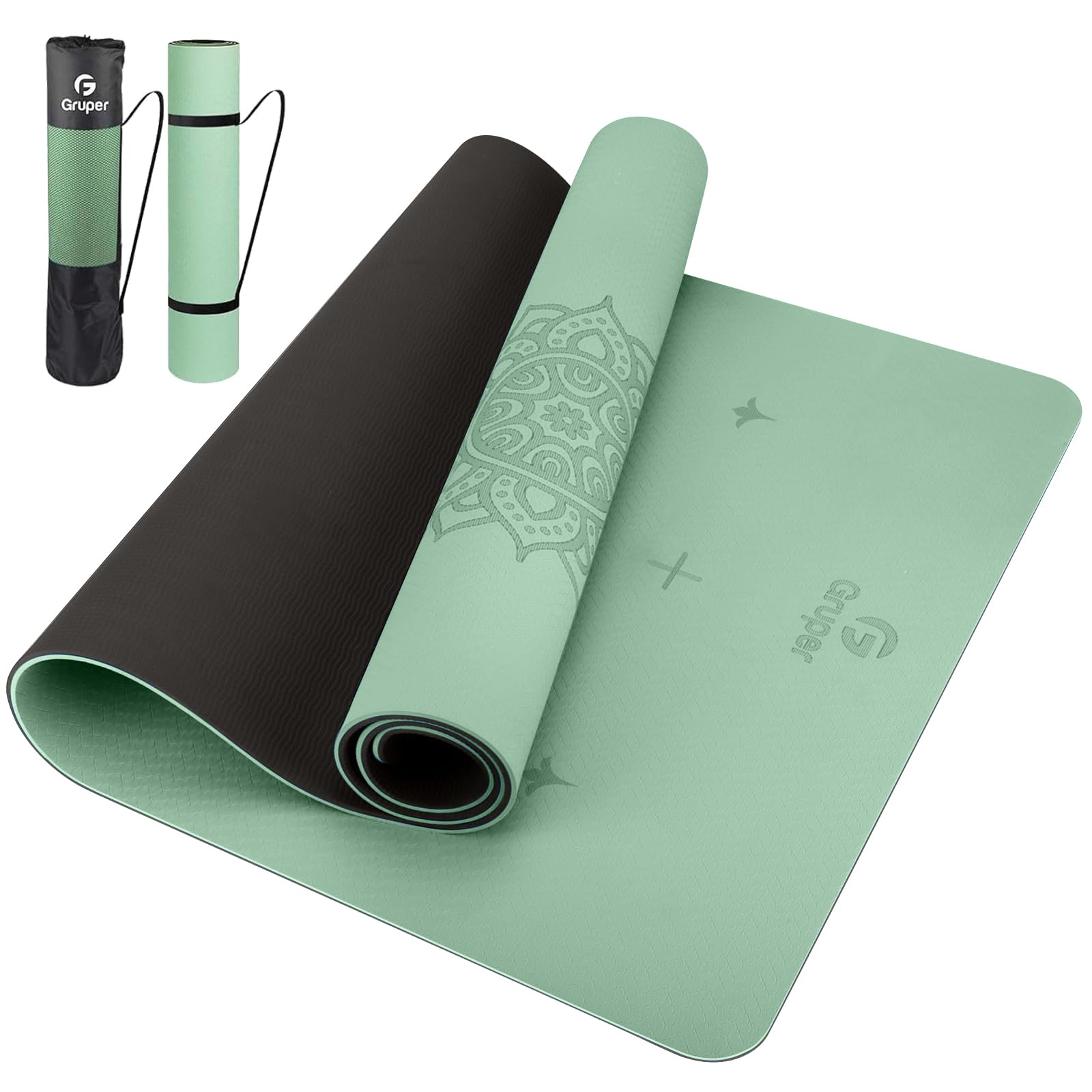 Tapete de yoga antideslizante de TPE grueso con marca de alineación, tapete antidesgarros y fitness para yoga, pilates y entrenamientos en el suelo (verde)