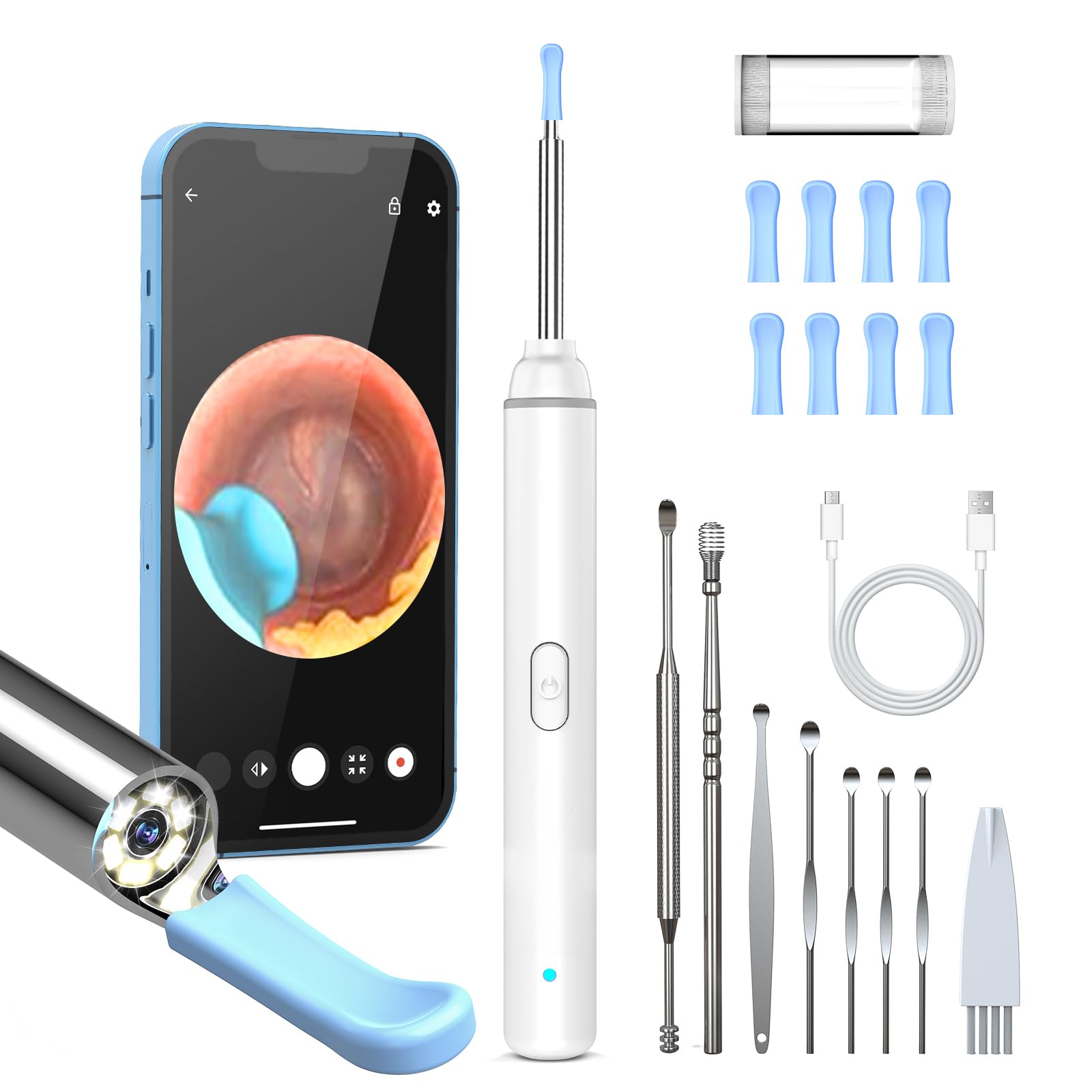 Pulizia Orecchie Otoscopio, 1920P HD Pulisci Orecchie con 6 LED, 3.5mm Pulitore Orecchie, Pulisci Orecchie per iPhone, iPad e Smartphone Android, Bianco