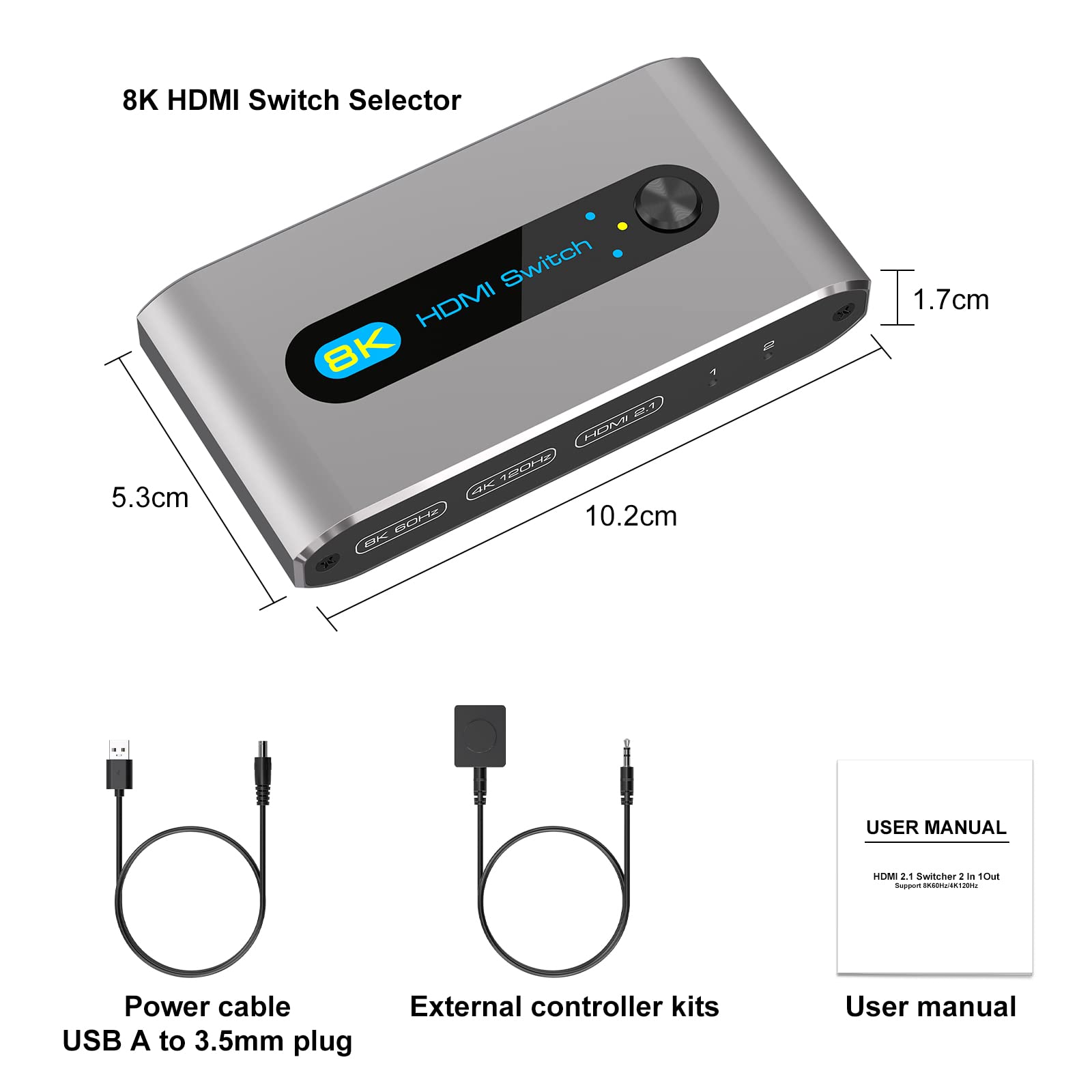 HDMI 2.1 Switch 8K 2 in1 out HDMI Switcher 2-Port Support 8K 60Hz 4K 120Hz HDCP 2.3 Ultra HD 3D for Xbox PS4 PS5 Roku UHD TV Monitor with Cable Desktop Controller