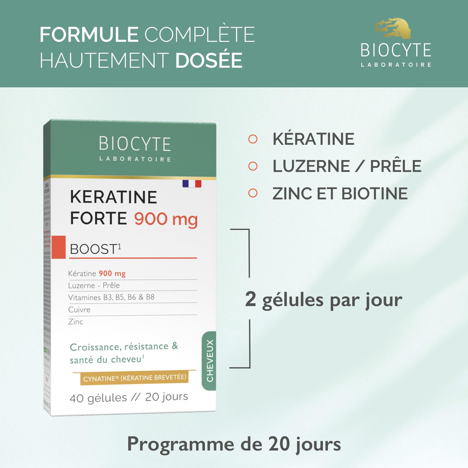 BIOCYTE Kératine Forte 900mg - Croissance, Résistance & Santé Des Cheveux - Biotine, Vitamine B6, Zinc, Prêle, Luzerne - Complément Alimentaire Cheveux - Programme 20 Jours