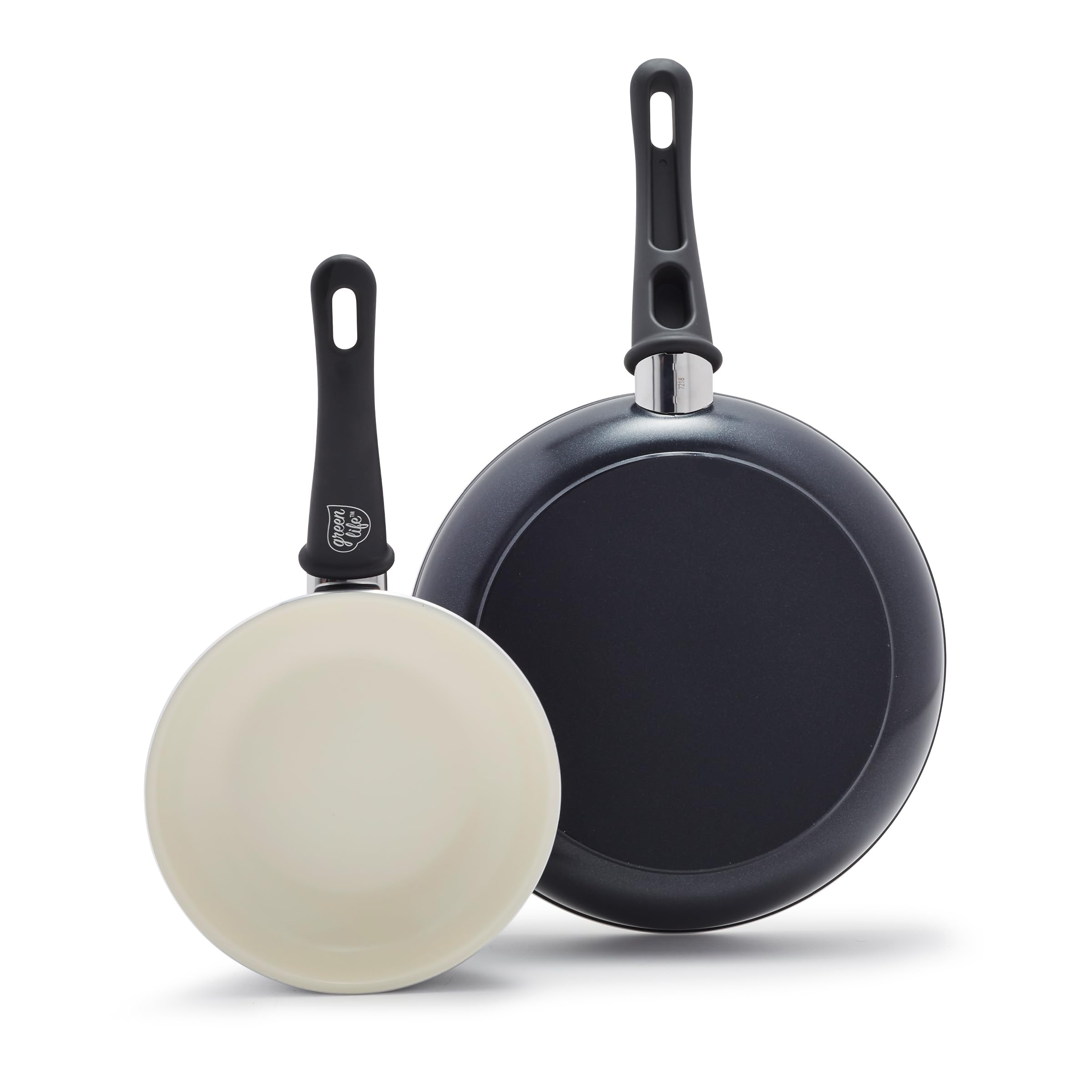 GreenLife Soft Grip Healthy Ceramic Nonstick, 7" and 10" Frying Pan Skillet Set, PFAS-Free, Dishwasher Safe, Black and Cream