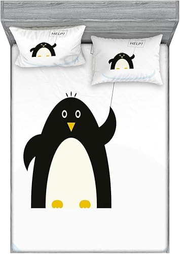 Ambesonne Juego de sábanas y fundas de almohada de dibujos animados, diseño de pingüino con temática de animales árticos en un bloque de hielo que