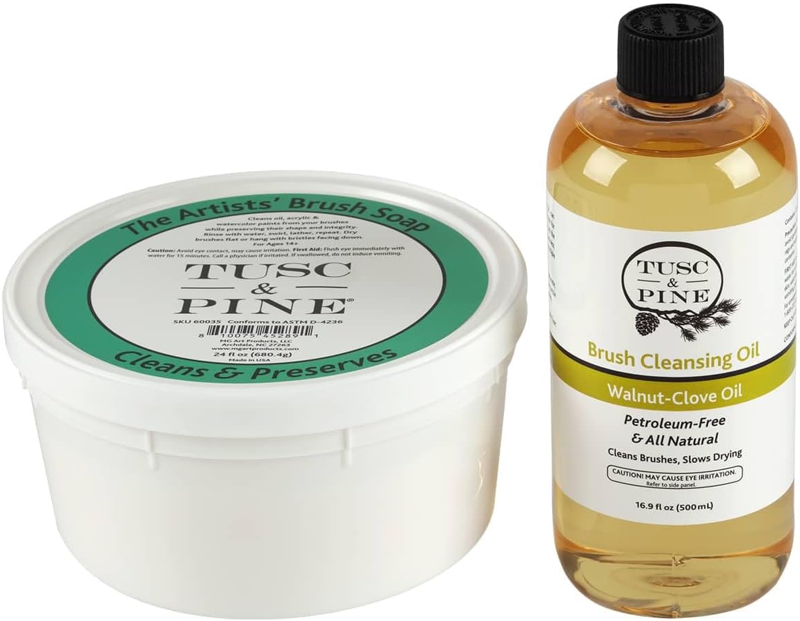 Tusc & Pine Brush Care Duo – 2 oz Artists’ Soap & 3.4 Fl Oz Walnut-Clove Oil Set for Acrylic, Watercolor & Oil Brushes - Solvent-Free Cleaner & Conditioner - Natural Bristle Care - Made in The USA
