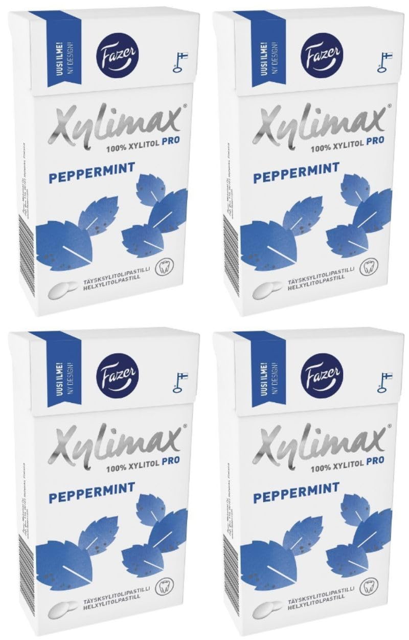 4 pudełka x 38 g mięty pieprzowej Fazer Xylimax - oryginalne - fińskie - 100% ksylitol - pastylki - krople - drażetki - słodycze - cukierki