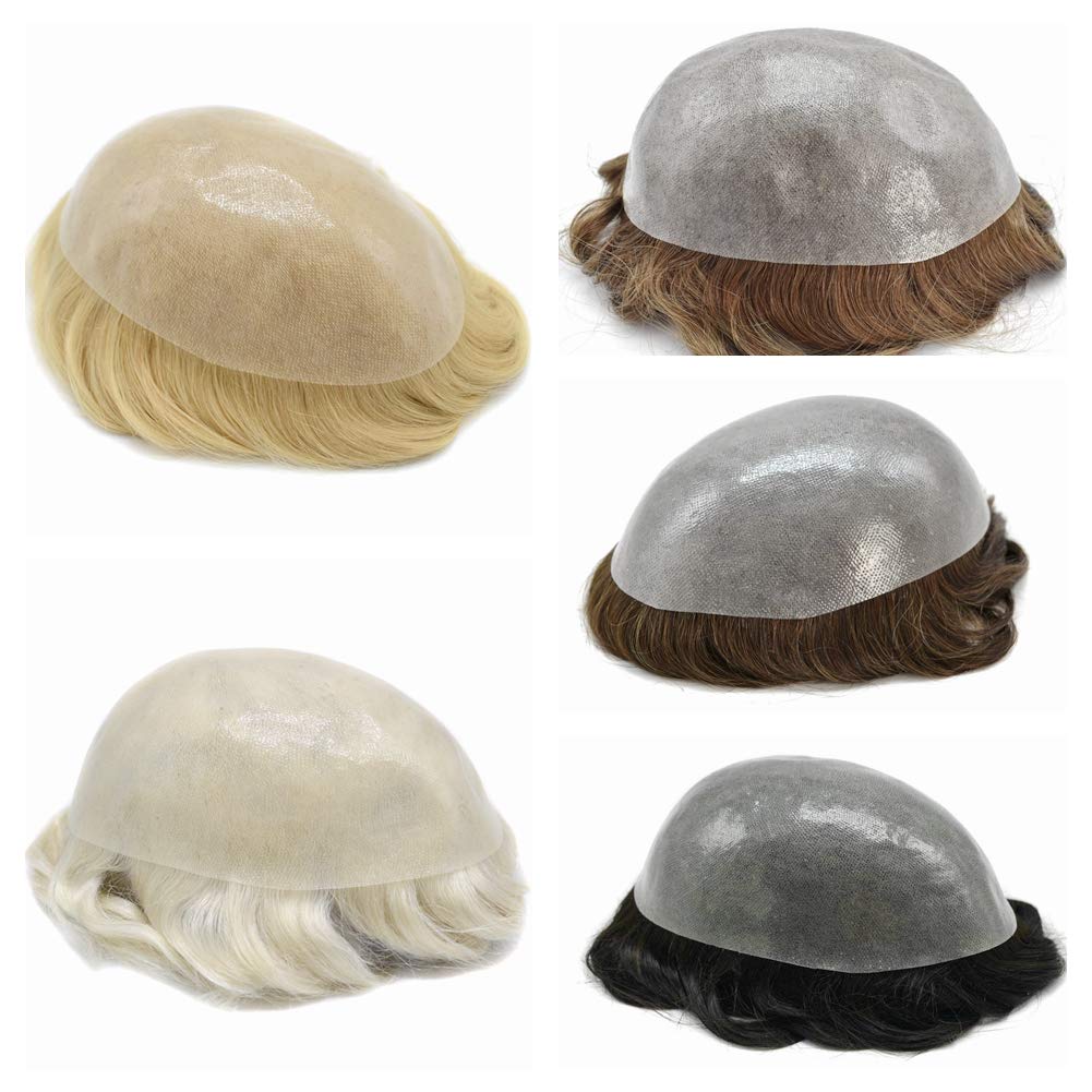 LHC Invisible Full Poly Mens Toupee Thin Soft Human Hair System Transparent Skin Hair Replacement Durable PU Hairpiece Wig for Man (7''x9''120% Light Medium Density, 20# Light Ash Blonde)