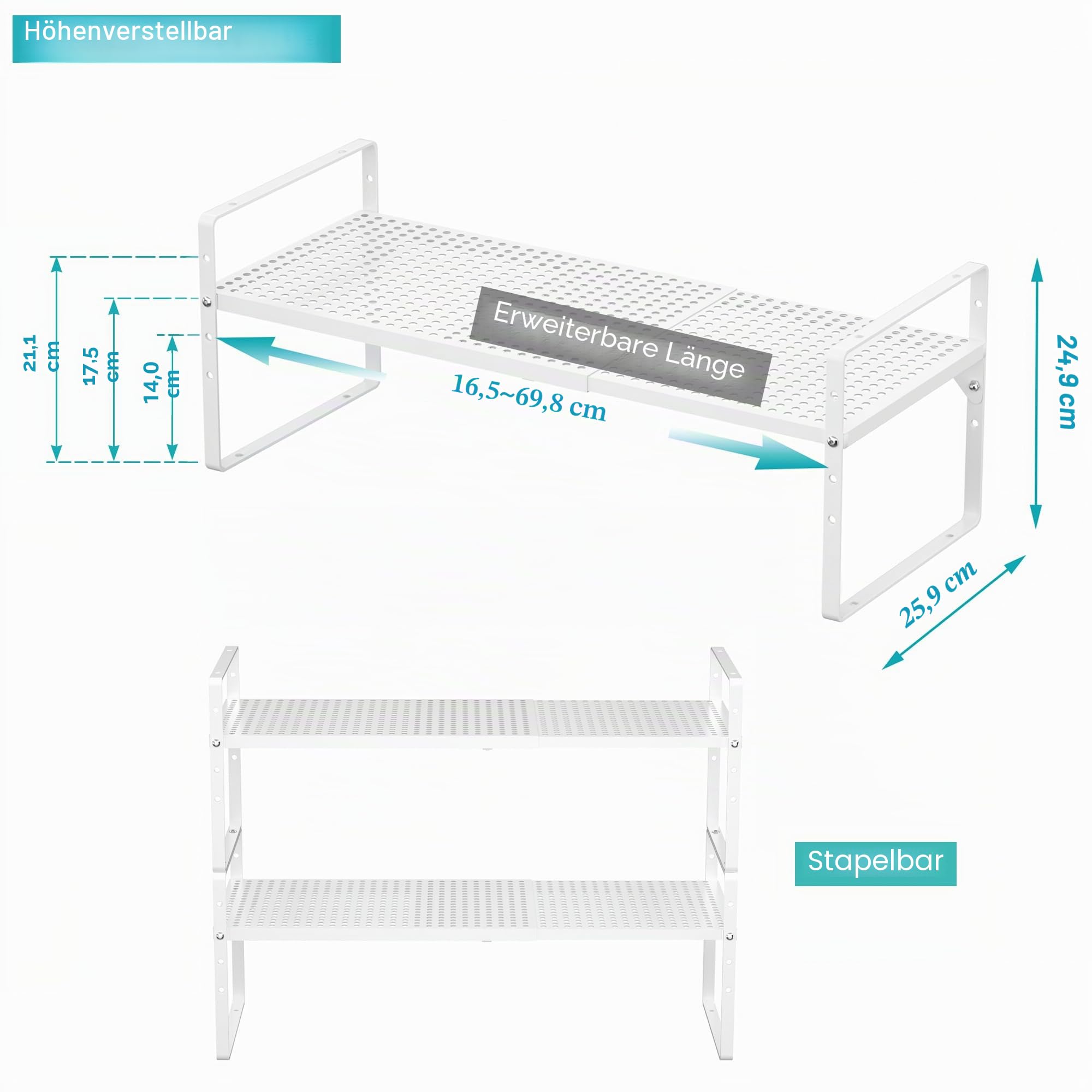 IPEGTOP 2er Set Ausziehbares Schrankregal Metall, Stapelbarer Küchen Organizer & Gewürzregal, Höhenverstellbar, Stabil für Arbeitsplatte, Schrank, Speisekammer & Bad, Weiß