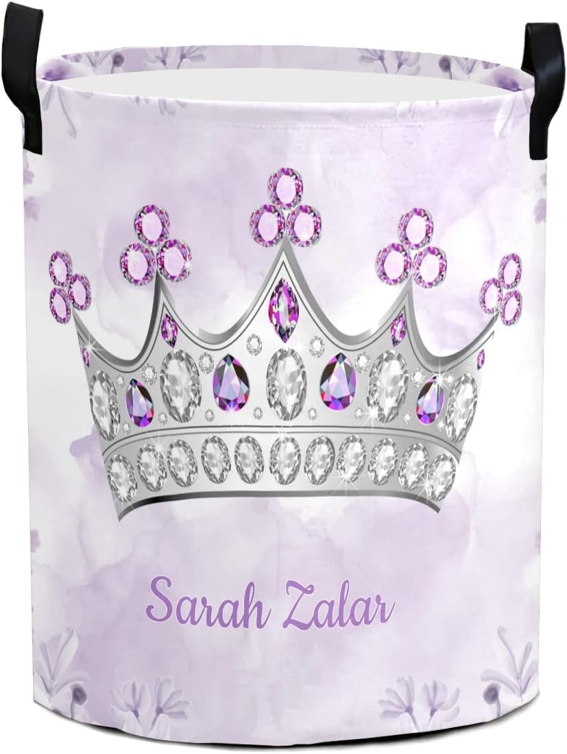 Beautiful Floral Purple Crown Personalized Custom Laundry Basket Clothes Round Storage Handle Waterproof, Custom Foldable Large Capacity and Lightweight, For Bedroom Bathroom Decoration