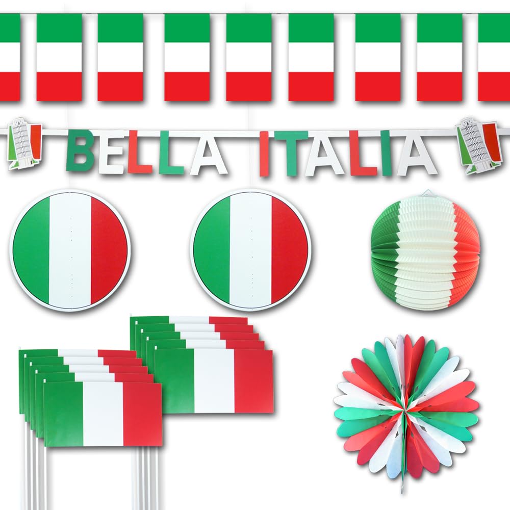 Italien Deko Set groß – Partydeko Italien Flagge mit Girlanden, Rosette, Fahnenkette, Luftballons, Lampion, Bella Italia Buchstabenkette, Tischdeko, Fähnchen & Luftschlangen