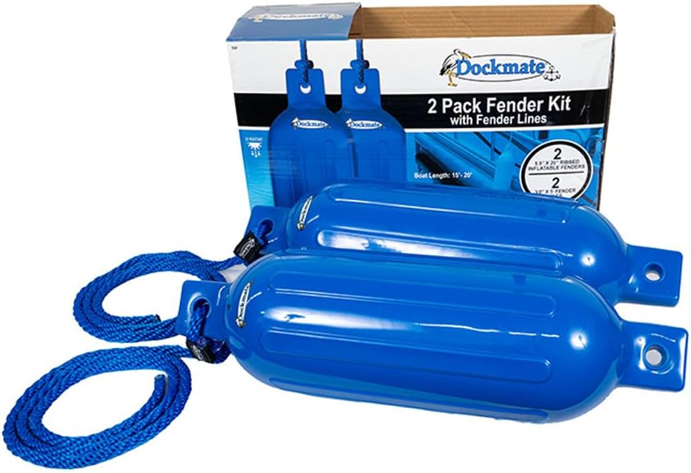 Dockmate UV Protected 5.5" x 20" Tuff Shield Fender 2-Pack w/Lines Vinyl, Full-Length Ribs, Easy Inflation | for Boats up to 20' | Includes 2 Fenders & 2 Fender Lines