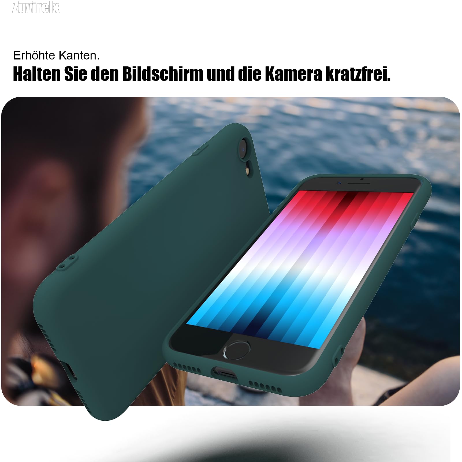 Marke: Zuvirelx Silikon Handyhülle für iPhone SE 2nd 3rd 2020/2022, iPhone 8/7 Hülle, Weiches Griff, Dünne, Minimalistisch, Stoßfest, rutschfest, Taschenpassend - Tiefgrün in use