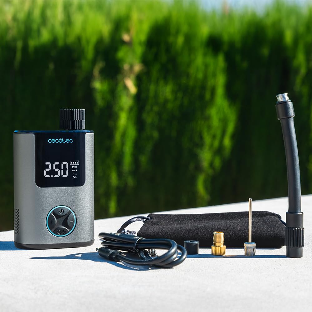 Cecotec Tragbarer Luftkompressor, kompakte elektrische Luftpumpe für Fahrrad, Motorrad, Auto und Bälle Mini Air Max, doppelter 600-mAh-Akku, Kapazität 150 PSI, bürstenloser Motor, 150 g