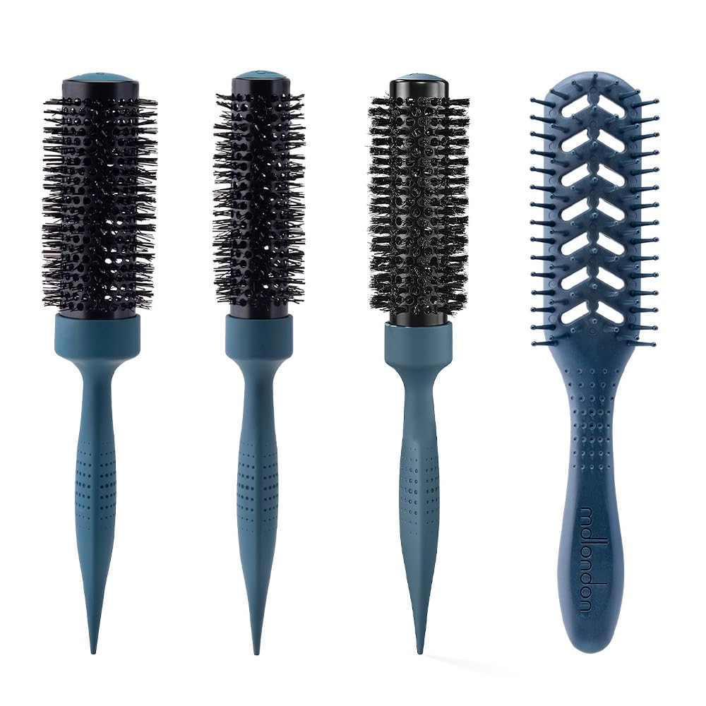 mdlondon Medium Length Fine Hair BRUSH Set (Casal Blue). Includes RADIAL 2 & 3 for Root Lift VENT for Detangling & BOAR Bristle Brush for Extra Grip
