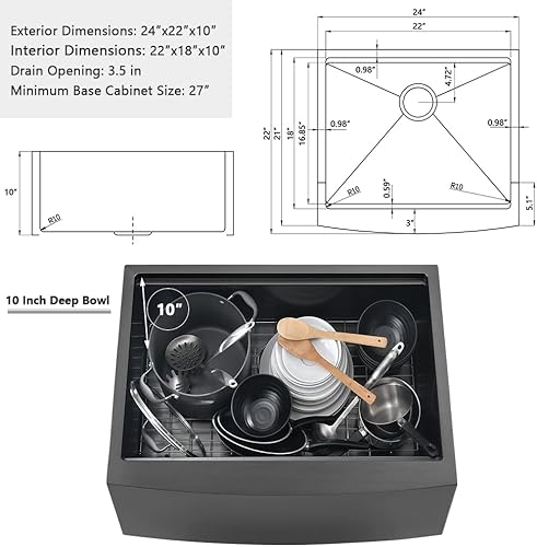 Miniatura 7 de VASOYO - Fregadero negro de 24 pulgadas para casa de campo, fregadero de cocina de 24 x 22 pulgadas con delantal frontal, acero inoxidable de