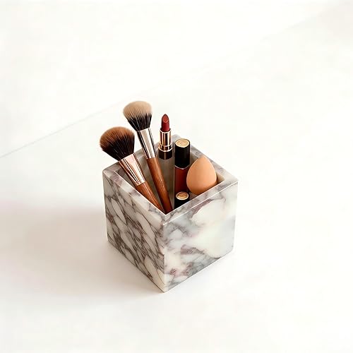 Miniatura 3 de Marble Pen Holder, White Stone Rectangular Desktop Organizer, Office Study Makeup Brush Storage, Home Desk Decor, Minimalist Design, Durable Marble