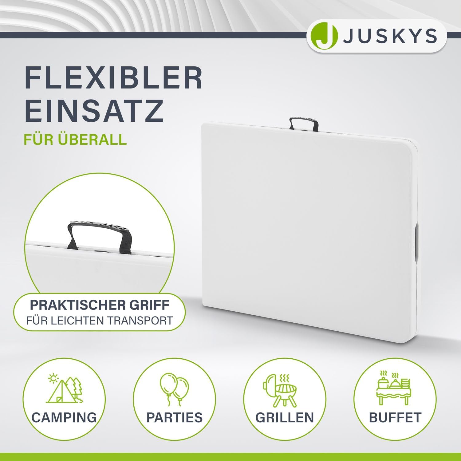 Juskys XL Foldable Buffet Table in its folded, portable state, showing the carrying handle and icons for various uses like camping, parties, grilling, and buffets.