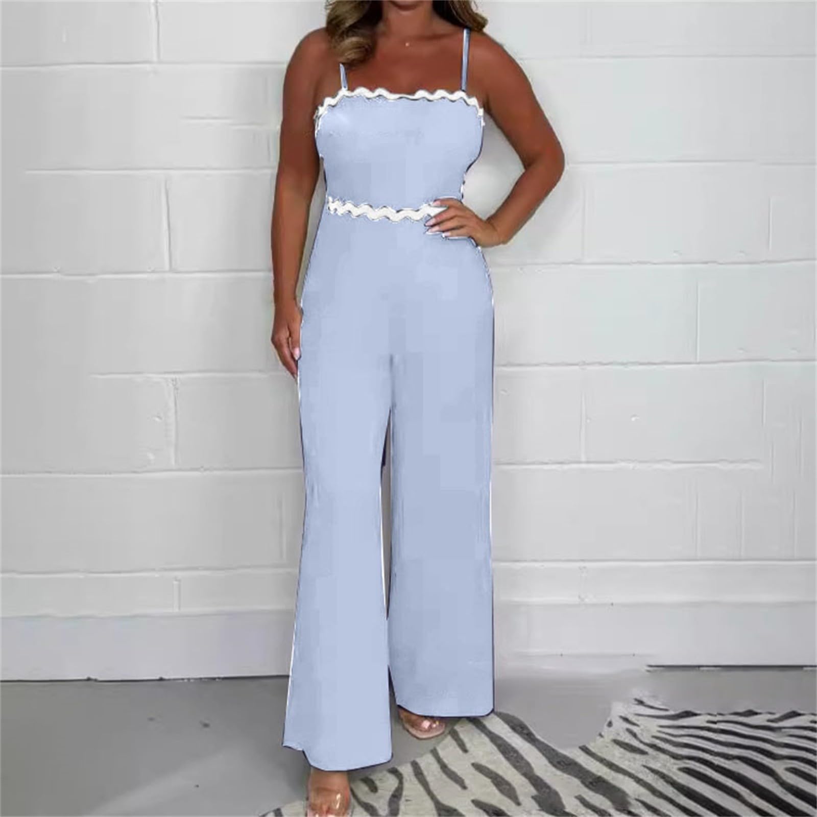 Generisch Tuta da donna con pantaloni e spalline sottili, senza maniche, a gamba larga, taglie grandi, sottile, elegante, per feste