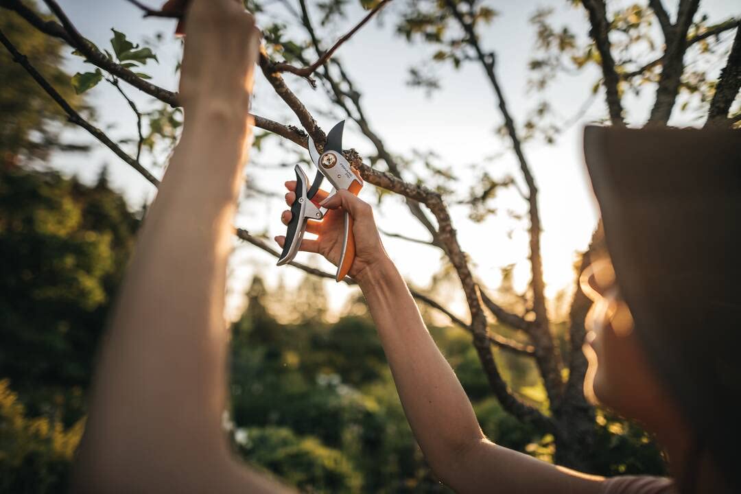Fiskars Tijeras de jardín Bypass PowerLever para ramas y ramitas frescas, Recubrimiento antiadherente, Cuchillas de acero/Mangos de aluminio, Negro/Naranja, Plus, P751, 1057172