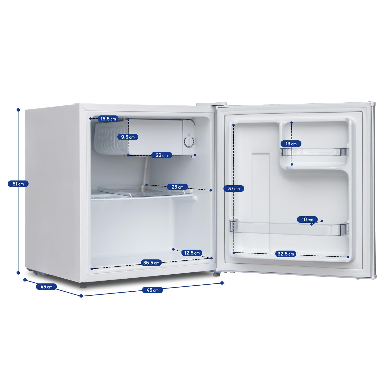 Smad Table Top Mini Fridge 48L, 0-10°C Temperature Control with 6 Adjustable Settings, 39dB Quiet Operation, Reversible Door, 100°C Heat-Resistant & Heavy-Duty Top Cover, 240V Domestic Fridge, White — view 3