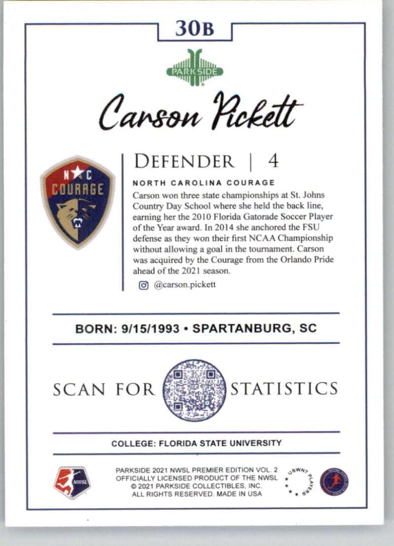 2021 Parkside NWSL Series 1 Variation Black/White #30B Carson Pickett North Carolina Courage Action Official National Women's Soccer League Card in Raw (NM or Better) Condition