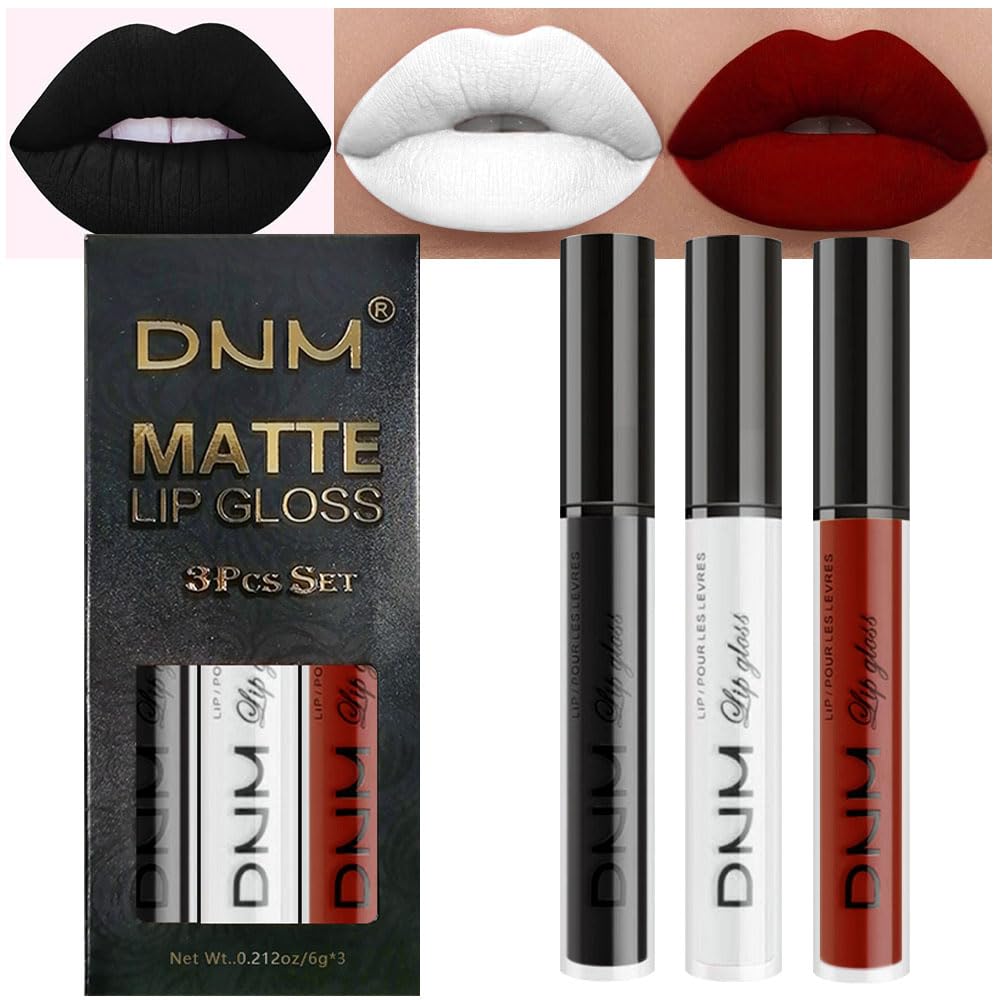 evpctDNM 3Pcs Dark Black White Red Matte Liquid Lipstick Lip Stain Sets for Women Matte+Lipstick Long Lasting Permanent Lipstick 24 hr Hours Magic Lipstick 24 Hours original Waterproof 17#