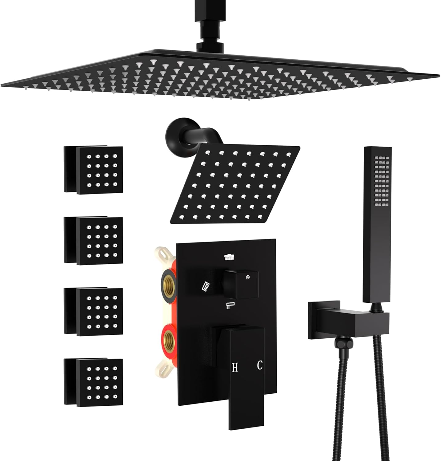 Enga Dual Shower Head Shower System with Body Jets, 12" Ceiling Mounted Rain Shower Head & 6" Wall Mounted Head Full Body Rainfall Shower Faucet with Valve Kit, Matte Black