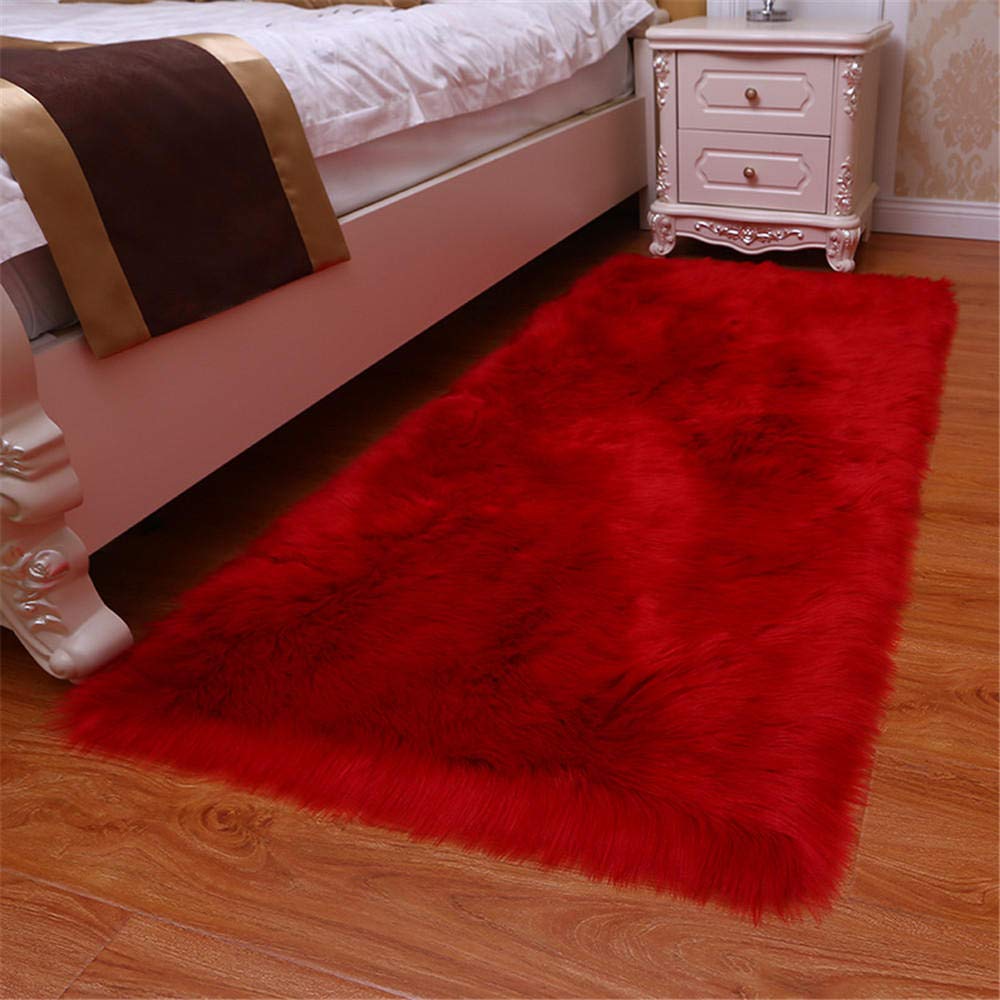 Tapis de chambre rouge poils longs 5cm pour salon et tatami de chevet