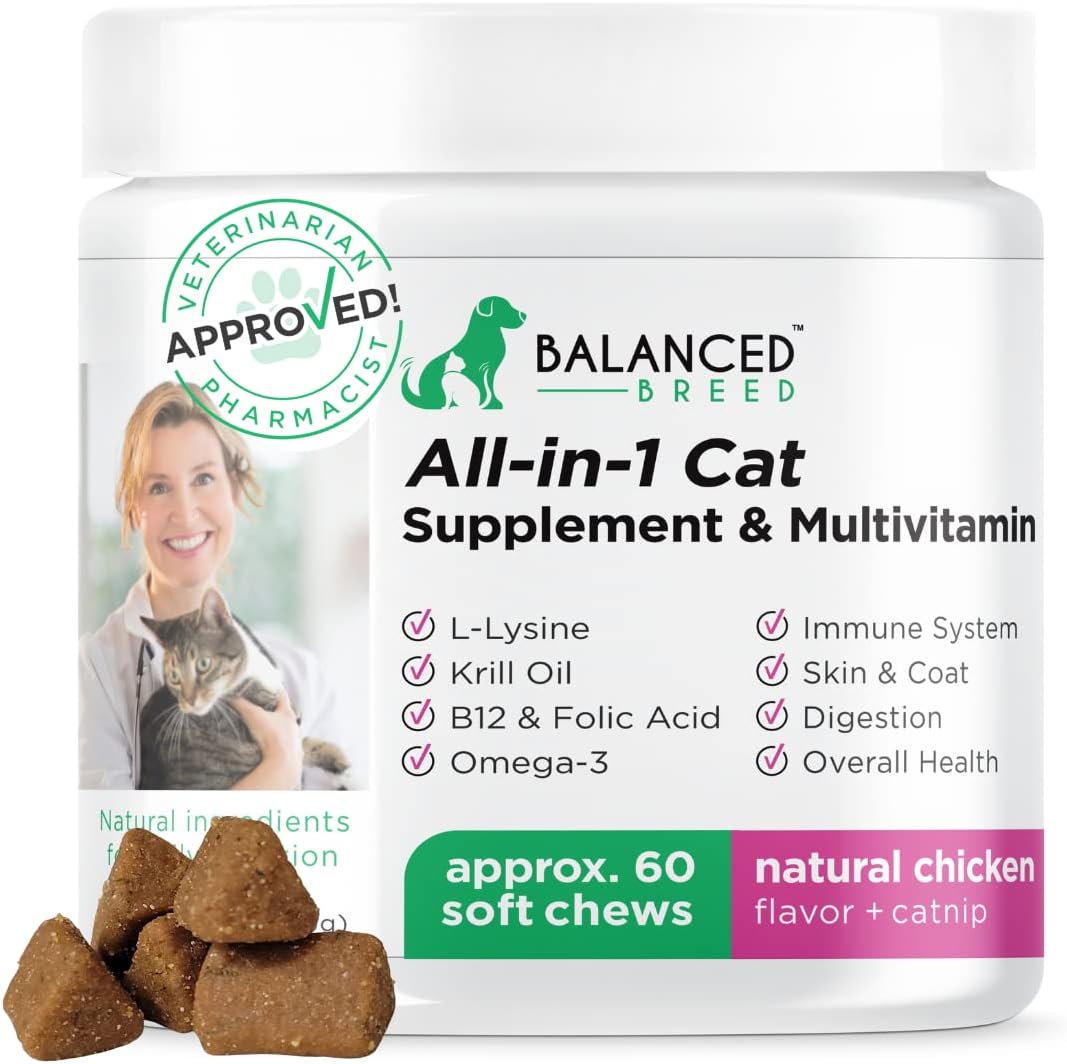 Balanced Breed L-Lysine for Cats Immune Support Skin Coat Sneezing Runny Nose Watery Eyes Cat Multivitamin Omega 3 Cat Vitamins B12 & Folic Acid Natural Booster Supplements Chicken Flavor Catnip Treat : Pet Supplies