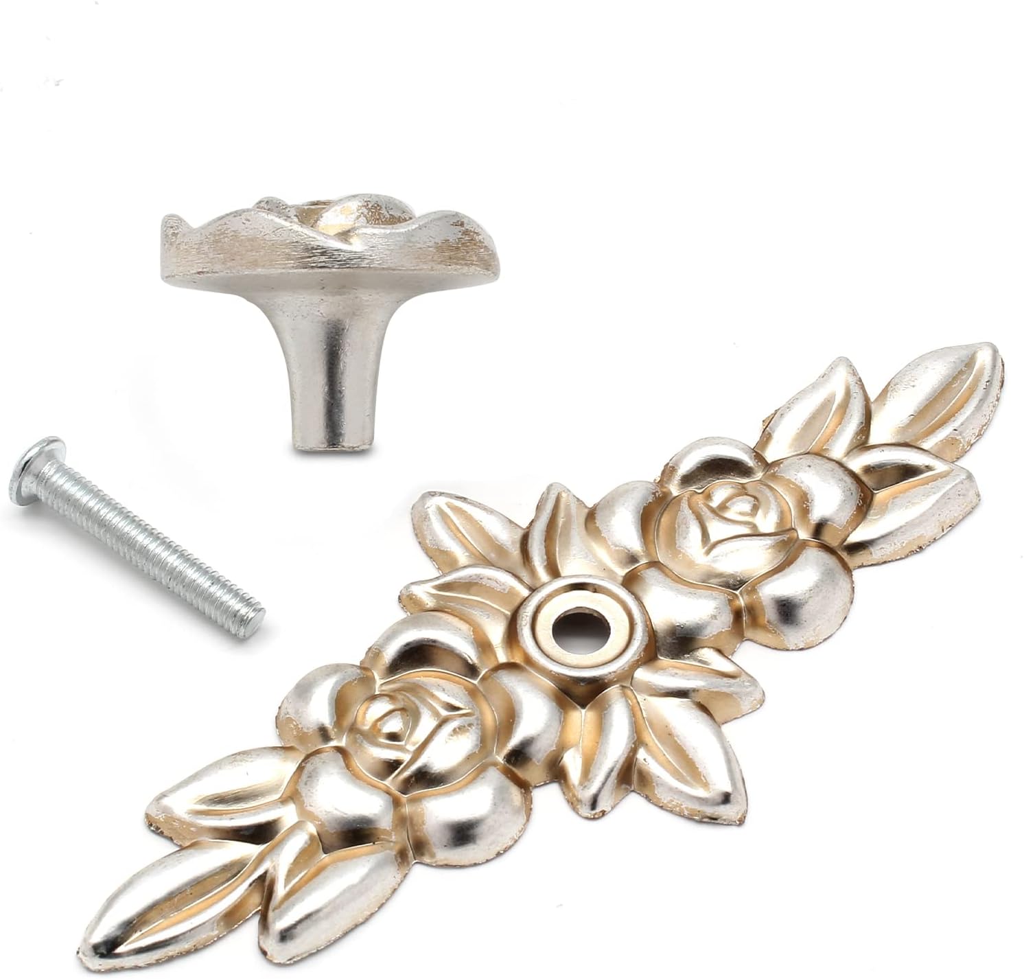 Uenhoy 5 Pcs Rose Cabinet Knobs with Backplate, Vintage Floral Drawer Knob Pulls, Zinc Alloy Rose Flower Drawer Pull Handles for Cabinets and Dresser - 4 Inch, Antique Silver