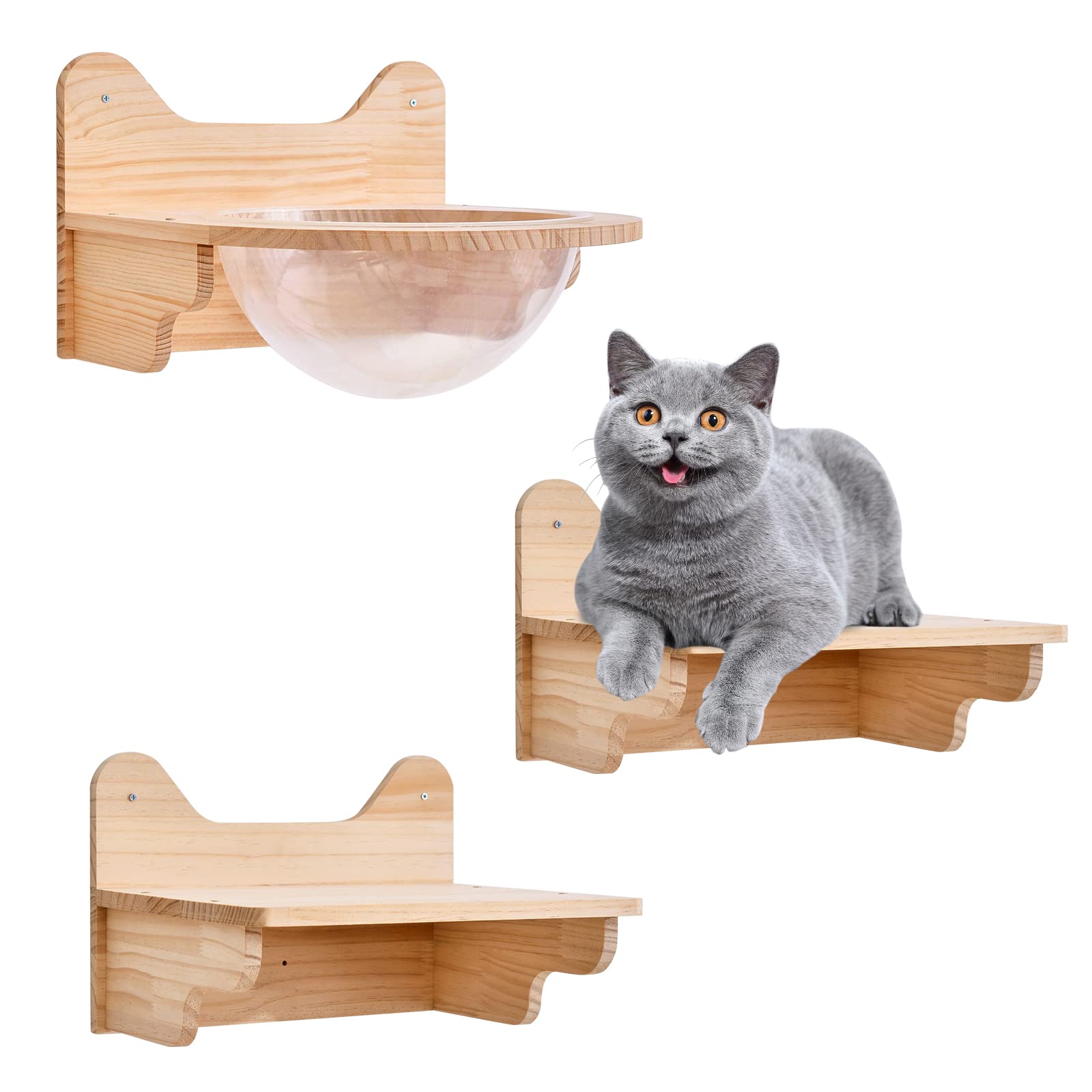 3-in-1 Wooden Wall-Mounted Cat Shelves and Perches Set - Floating Cat Climber with Wooden Space Capsule & Jumping Platforms