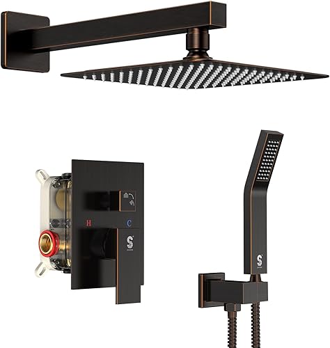 SR SUN RISE Sistema de ducha de bronce aceitado, cabezal de ducha cuadrado de 10 pulgadas con cabezal de ducha de mano, cabezal de ducha de cascada,