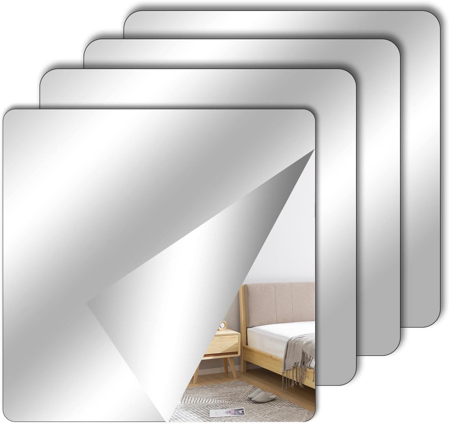 XUSSMM Pack of 4 Self-Adhesive Tile Mirrors, Adhesive Mirrors, Versatile Self-Adhesive Mirror for Gluing, Ornamental Mirrors, Wall Ornament, House, Kitchen, Lavatory, Lavatory Decor, 20 x 20 cm