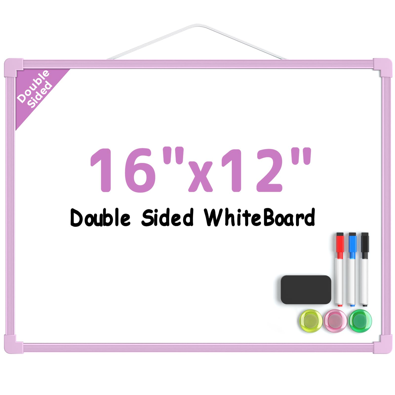 MaxGear Double-Sided Dry Erase Board for Wall, 16"x12", Purple Frame | Small White Board, Includes 3 Markers &amp; 4 Magnets, Portable hanging Whiteboard for Home, Office, Double Sided Tapes Included