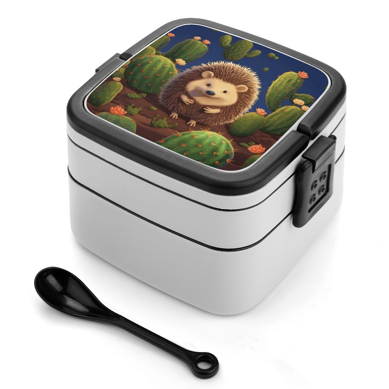 VstaDank Hedgehog Cactus Bento Box Portable Adult Lunch Box with 2 Layer&Spoon Reusable Insulated Lunchbox Large Food Containers Leak Proof Lunch Containers for Work Camping Meal Prep