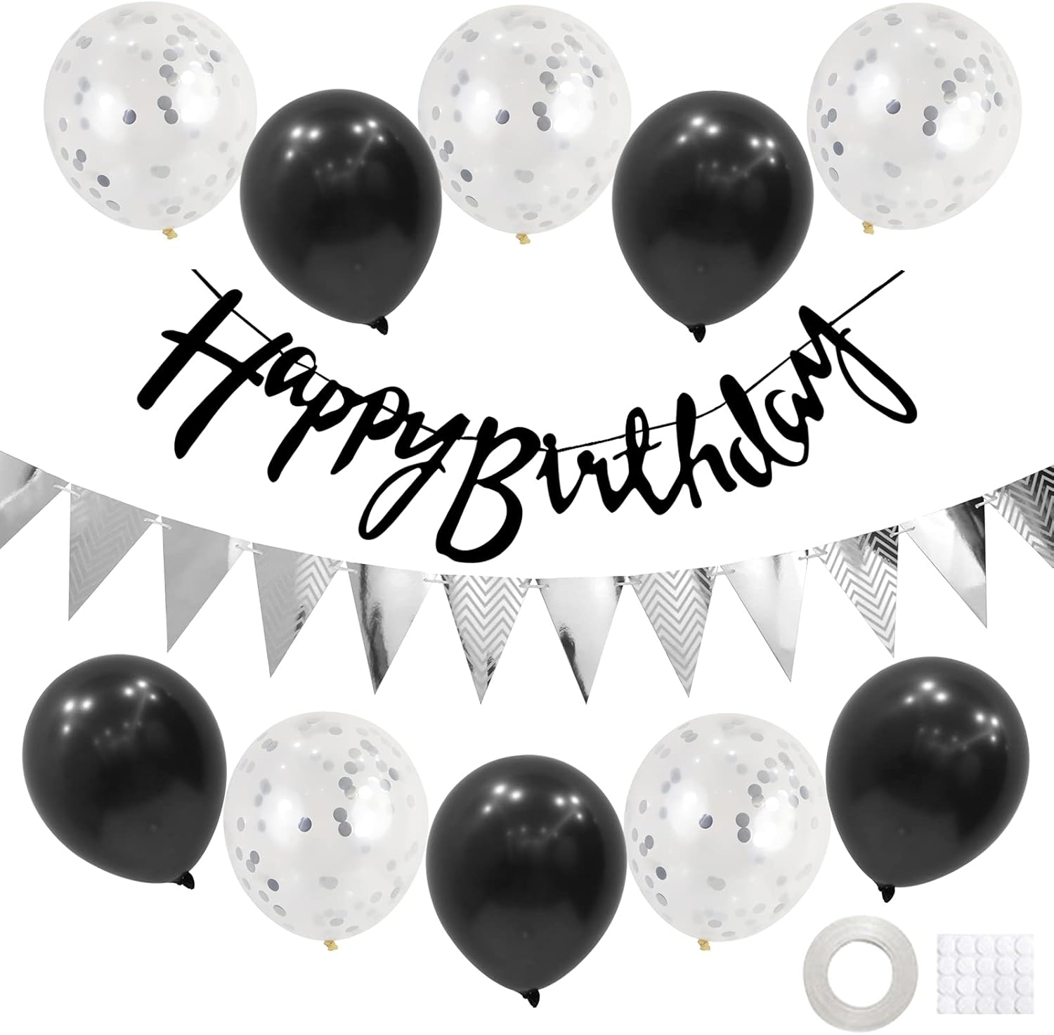 GRESATEK 誕生日 バルーン 風船 飾り付けセット ハッピー バースデー happy birthday シルバー ガーランド 紙吹雪風船 装飾 パーティー お祝い サプライズ ブラック