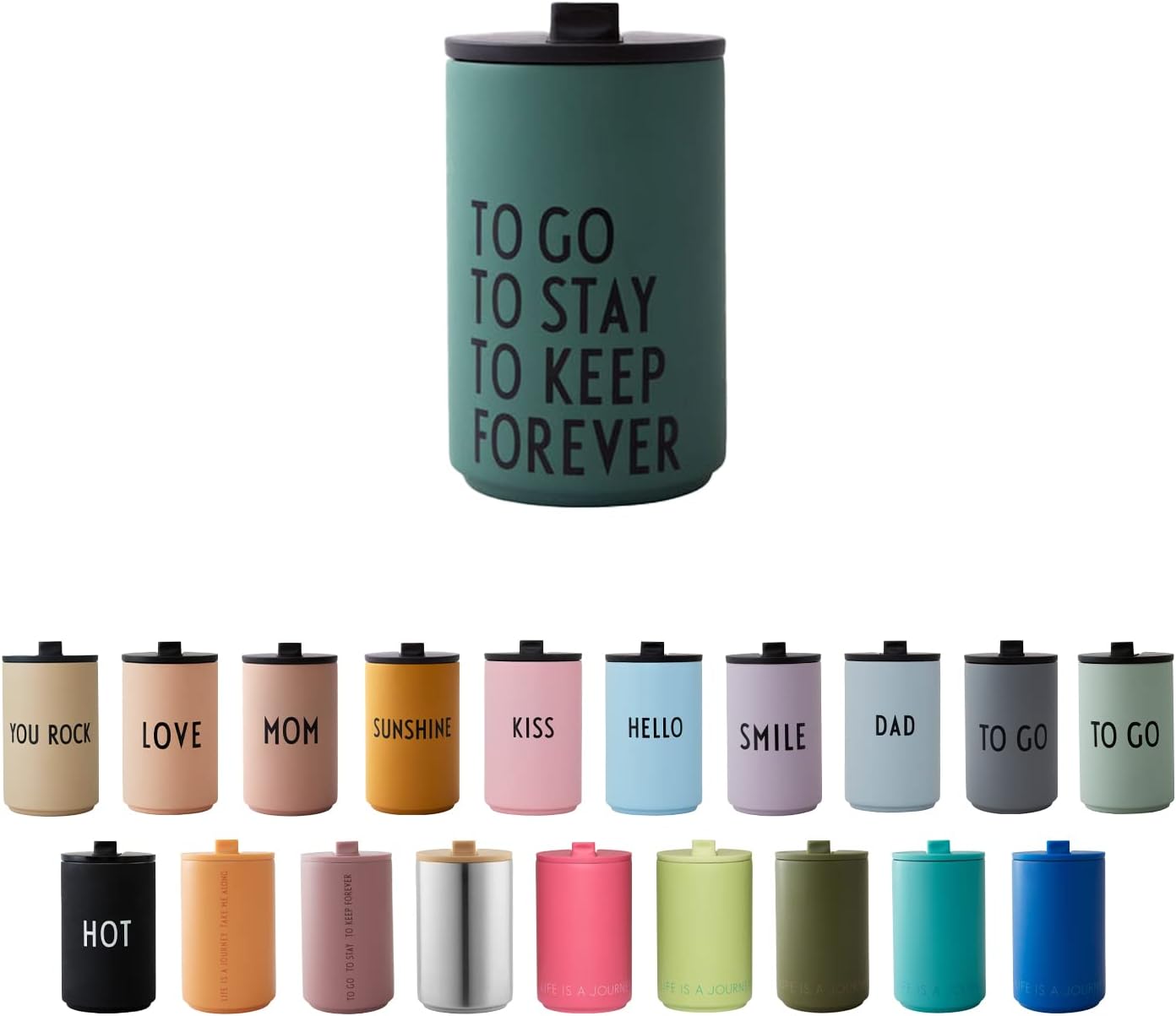 Design Letters Stainless Steel Travel Mug 12 Oz | Vacuum Insulated Tumbler | ToGo Thermo Cup Leak Proof with Lid| Modern Travel Coffee Mug| Double Walled Coffee Thermos for Outdoor, Office, Dark Green