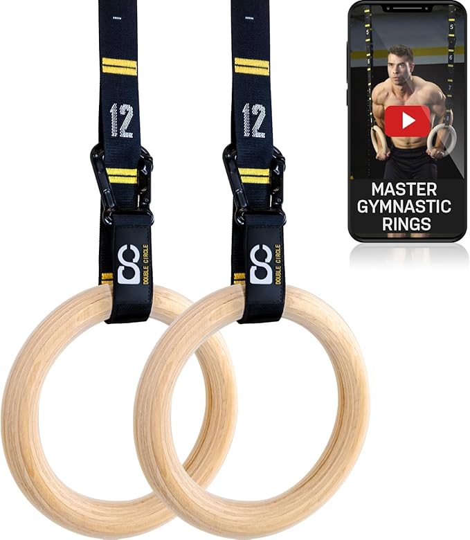 Double Circle Wood Gymnastics Rings are high-quality exercise equipment that are perfect for performing a wide range of bodyweight exercises. They are made of durable wood and come with quick adjust numbered straps, making it easy to adjust the height of the rings for different exercises. The rings also come with exercise videos guide to help users perform a variety of full body workouts and calisthenics exercises.