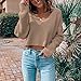 Women's V Neck Waffle Knit Cropped Top Long Sleeve Pullover Crop Sweater Khaki M