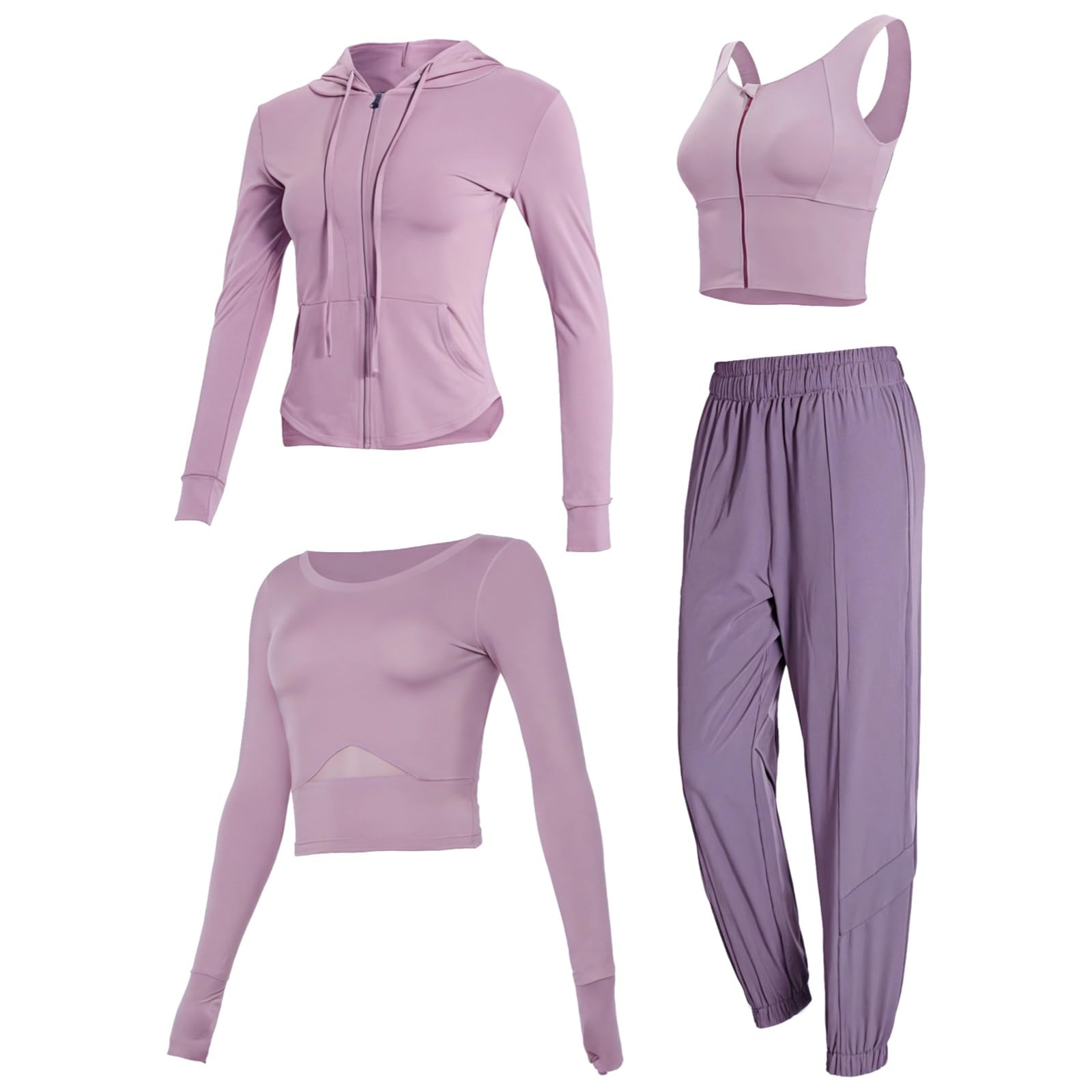 WomenS Long Sleeve Workout Set 4-Piece Activewear With Jacket Tank Top And High-Waist Pants Satin Nylon Spandex Xxl